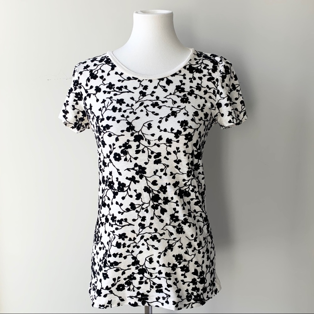J. Crew Black Velour Flowery Shirt Sleeve Top Size Small